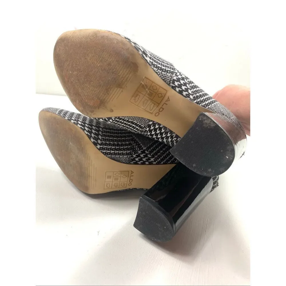 ALDO Lovelee Houndstooth Plaid 3.5” Block Heel Back Zip Ankle Boots Stretch Size